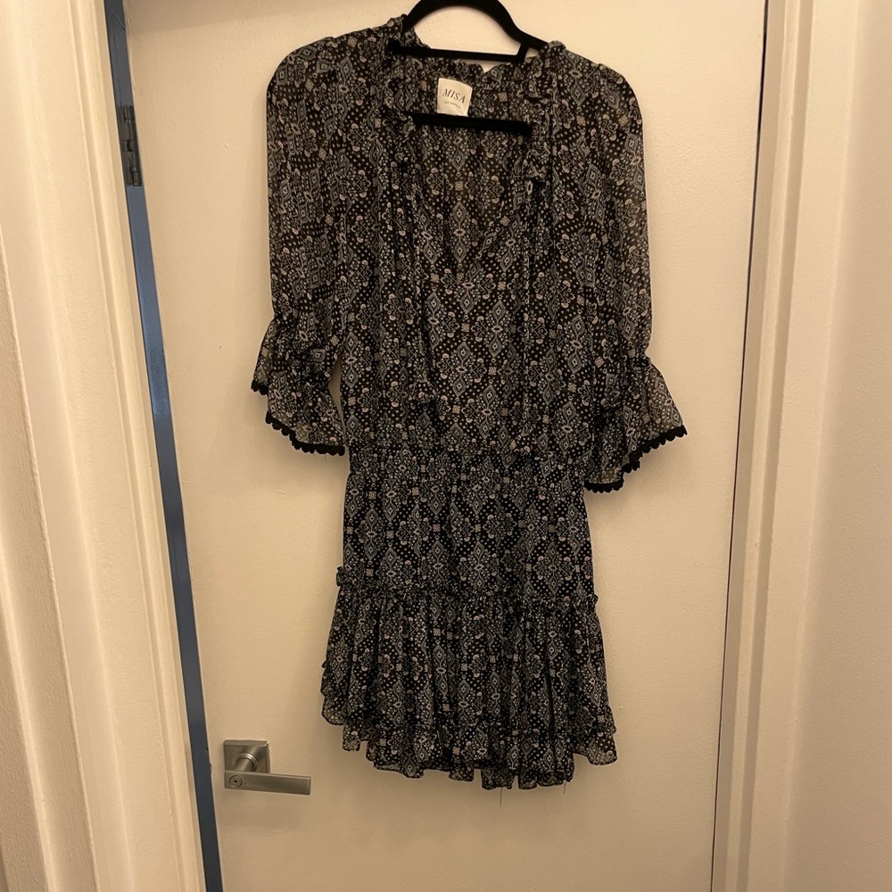 MISA LOS ANGELES Blue/Black Smocked Dress in Size M